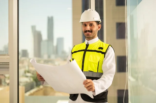 Architectural concept, following up and reviewing the engineering project plan, Saudi national construction projects, interest in urban development by Saudi engineers, a Saudi Arabian Gulf engineer wearing a work jacket and a white protective helmet performing daily tasks in the office, Riyadh towers background