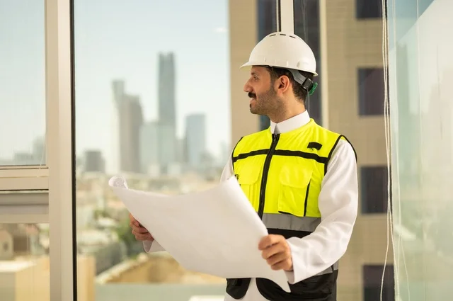 مفهوم الهندسة المعمارية، متابعة مخطط المشروع الهندسي وتدقيقه, مشاريع إعمارية سعودية وطنية، الاهتمام بالتطور العمراني بسواعد المهندسين السعوديين, مهندس عربي خليجي سعودي يرتدي سترة العمل وخوذة الحماية البيضاء ينجز المهام اليومية في المكتب، خلفية أبراج الرياض