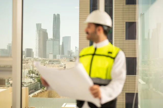 Architectural concept, following up and reviewing the engineering project plan, Saudi national construction projects, interest in urban development by Saudi engineers, a Saudi Arabian Gulf engineer wearing a work jacket and a white protective helmet performing daily tasks in the office, Riyadh towers background