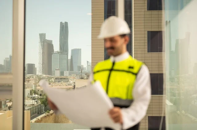 مشاريع إعمارية سعودية وطنية، مفهوم الهندسة المعمارية، متابعة مخطط المشروع الهندسي وتدقيقه, الاهتمام بالتطور العمراني بسواعد المهندسين السعوديين, مهندس عربي خليجي سعودي يرتدي سترة العمل وخوذة الحماية البيضاء ينجز المهام اليومية في المكتب، خلفية أبراج الرياض