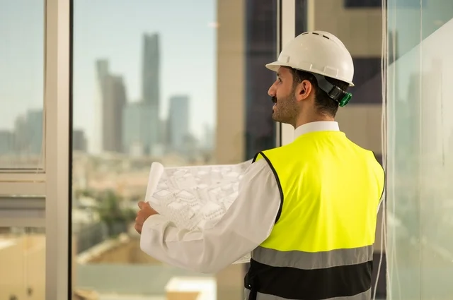 مشاريع إعمارية سعودية وطنية، مفهوم الهندسة المعمارية، متابعة مخطط المشروع الهندسي وتدقيقه, الاهتمام بالتطور العمراني بسواعد المهندسين السعوديين, مهندس عربي خليجي سعودي يرتدي سترة العمل وخوذة الحماية البيضاء ينجز المهام اليومية في المكتب، خلفية أبراج الرياض