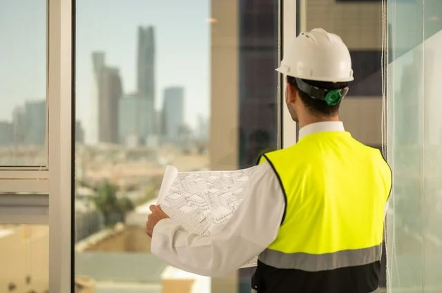 Saudi national construction projects, architectural concept, following up and reviewing the engineering project plan, interest in urban development by Saudi engineers, a Saudi Gulf Arab engineer wearing a work jacket and a white protective helmet performing daily tasks in the office, Riyadh towers background
