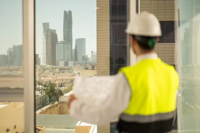 مشاريع إعمارية سعودية وطنية، مفهوم الهندسة المعمارية، متابعة مخطط المشروع الهندسي وتدقيقه, الاهتمام بالتطور العمراني بسواعد المهندسين السعوديين, مهندس عربي خليجي سعودي يرتدي سترة العمل وخوذة الحماية البيضاء ينجز المهام اليومية في المكتب، خلفية أبراج الرياض