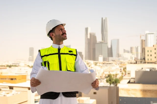 الاهتمام بالتطور العمراني بسواعد المهندسين السعوديين, مهندس عربي خليجي سعودي يرتدي سترة العمل وخوذة الحماية البيضاء ينجز المهام اليومية في المكتب، متابعة مخطط المشروع الهندسي وتدقيقه, مفهوم الهندسة المعمارية، مشاريع إعمارية سعودية وطنية، خلفية أبراج الرياض