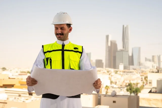 الاهتمام بالتطور العمراني بسواعد المهندسين السعوديين, مهندس عربي خليجي سعودي يرتدي سترة العمل وخوذة الحماية البيضاء ينجز المهام اليومية في المكتب، متابعة مخطط المشروع الهندسي وتدقيقه, مفهوم الهندسة المعمارية، مشاريع إعمارية سعودية وطنية، خلفية أبراج الرياض