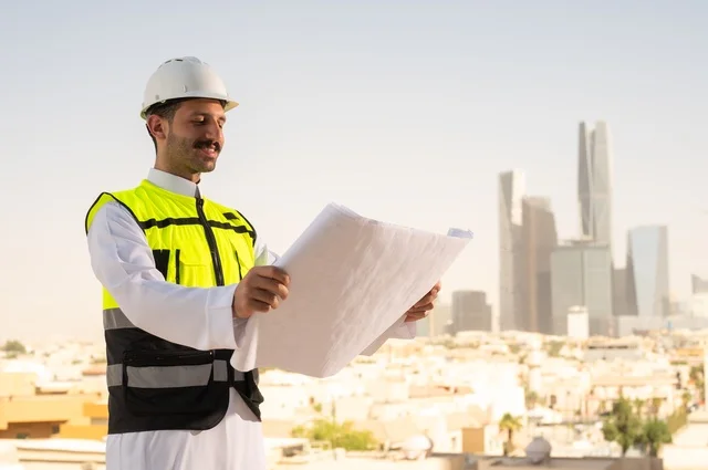 الاهتمام بالتطور العمراني بسواعد المهندسين السعوديين, مهندس عربي خليجي سعودي يرتدي سترة العمل وخوذة الحماية البيضاء ينجز المهام اليومية في المكتب، متابعة مخطط المشروع الهندسي وتدقيقه, مفهوم الهندسة المعمارية، مشاريع إعمارية سعودية وطنية، خلفية أبراج الرياض