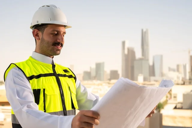 Attention to urban development by the hands of Saudi engineers, a Saudi Arabian Gulf engineer wearing a work jacket and a white protective helmet performing daily tasks in the office, following up on and checking the engineering project plan, the concept of architectural engineering, Saudi national construction projects, Riyadh towers background