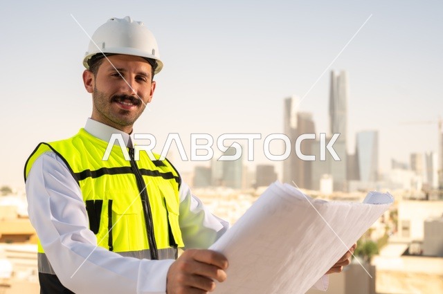 الاهتمام بالتطور العمراني بسواعد المهندسين السعوديين, مهندس عربي خليجي سعودي يرتدي سترة العمل وخوذة الحماية البيضاء ينجز المهام اليومية في المكتب، متابعة مخطط المشروع الهندسي وتدقيقه, مفهوم الهندسة المعمارية، مشاريع إعمارية سعودية وطنية، خلفية أبراج الرياض