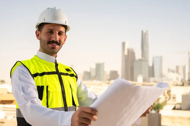 الاهتمام بالتطور العمراني بسواعد المهندسين السعوديين, مهندس عربي خليجي سعودي يرتدي سترة العمل وخوذة الحماية البيضاء ينجز المهام اليومية في المكتب، متابعة مخطط المشروع الهندسي وتدقيقه, مفهوم الهندسة المعمارية، مشاريع إعمارية سعودية وطنية، خلفية أبراج الرياض