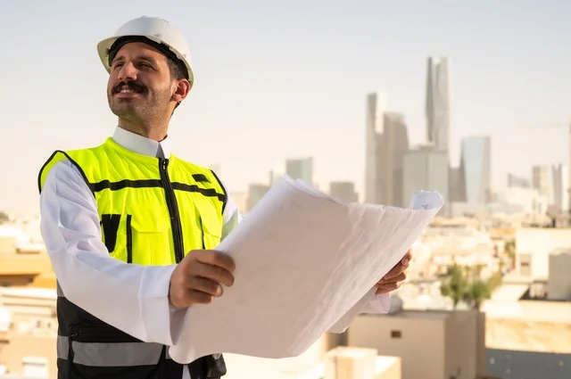 مشاريع إعمارية سعودية وطنية، مفهوم الهندسة المعمارية، متابعة مخطط المشروع الهندسي وتدقيقه, الاهتمام بالتطور العمراني بسواعد المهندسين السعوديين, مهندس عربي خليجي سعودي يرتدي سترة العمل وخوذة الحماية البيضاء ينجز المهام اليومية في المكتب، خلفية أبراج الرياض