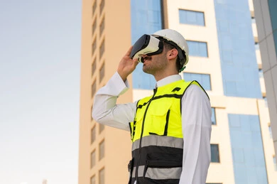 Viewing the engineering project plan via VR, Saudi national construction projects, interest in technology and urban development, a Saudi Gulf Arab engineer wearing a work jacket and white protective helmet studying the project using virtual reality glasses, integrating technology into architecture