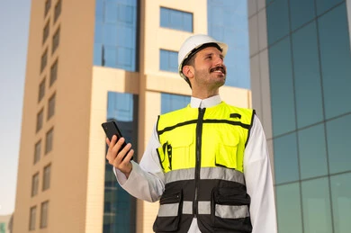 Saudi national construction projects, interest in urban development by Saudi engineers, a Saudi Gulf Arab engineer wearing a work jacket and a white protective helmet holding a mobile phone, integrating technology into architecture, following up on the engineering project plan