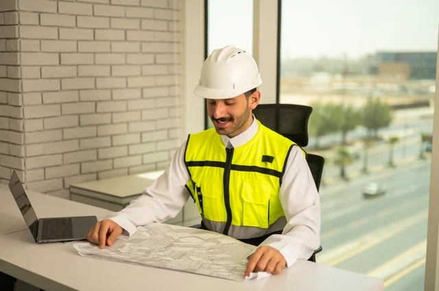 Working in the engineering field, the concept of engineering and construction, a Saudi Gulf Arab engineer wearing a safety vest and helmet sitting at the desk working on the engineering plan, reviewing and auditing engineering plans, studying the fundamentals of the project, completing the drawing of construction blueprints, using modern technical devices.