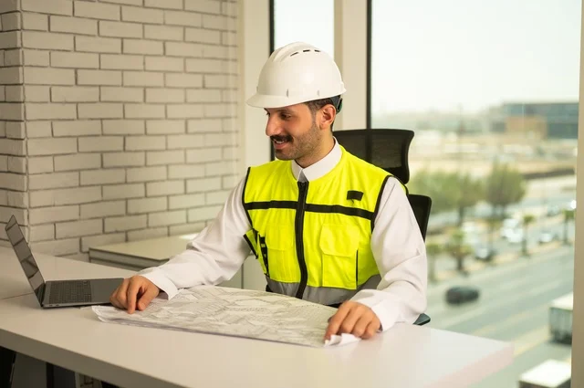 Study of project fundamentals, auditing and reviewing engineering plans, the concept of engineering and construction, a Saudi Gulf Arab engineer wearing a vest and safety helmet sitting at a desk working on the engineering plan, completing the drawing of construction blueprints, using modern technical devices, youth professions and jobs.