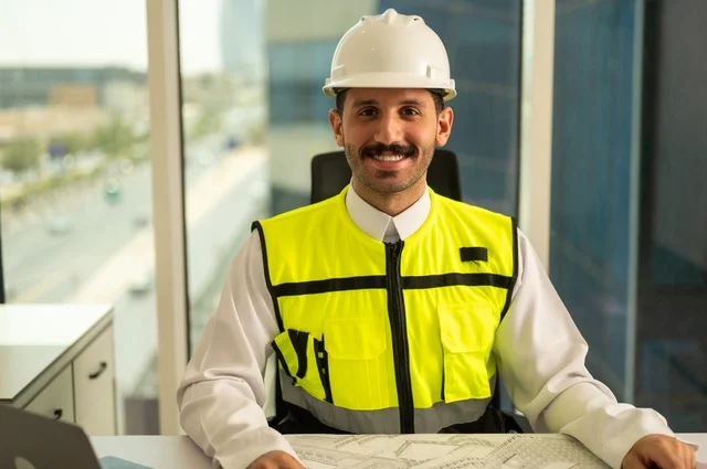 تدقيق ومراجعة الخطط الهندسية، مفهوم الهندسة والإنشاءات، صورة مقربة لمهندس عربي خليجي سعودي يرتدي سترة وخوذة الحماية يجلس على المكتب يعمل على المخطط الهندسي، إكمال رسم مخطوطات البناء، استخدام الأجهزة التقنية الحديثة، مهن ووظائف شبابية