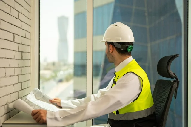 الإعمار بسواعد أبناء الوطن،  مفهوم الهندسة والإنشاءات، صورة جانبية  لمهندس عربي خليجي سعودي يرتدي سترة وخوذة الحماية يجلس على المكتب يتأمل التطور العمراني للمباني، تدقيق ومراجعة الخطط الهندسية، دراسة أساسيات المشروع، إكمال رسم مخطوطات البناء