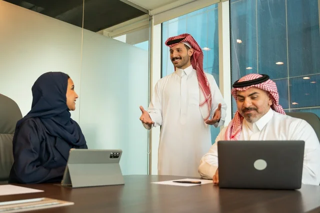 Study and analysis of new projects, use of modern technical devices, unity and teamwork, work development and problem-solving, holding a meeting for a team of Saudi Gulf Arab workers inside the company headquarters, workshops and training, a Saudi office profession and job, exchange of experiences and ideas.