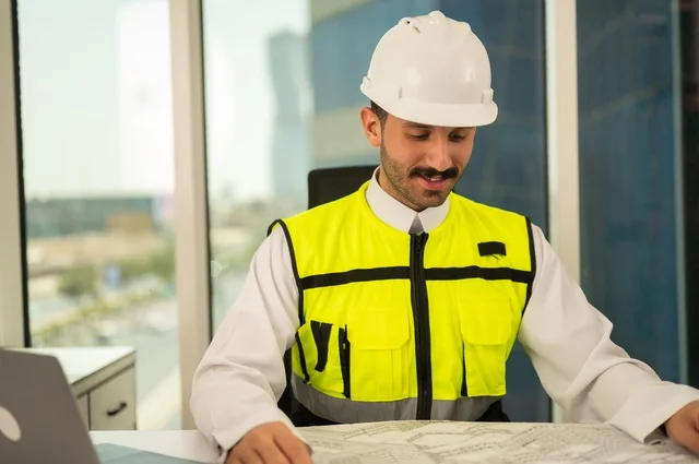 تدقيق ومراجعة الخطط الهندسية، مفهوم الهندسة والإنشاءات، صورة مقربة لمهندس عربي خليجي سعودي يرتدي سترة وخوذة الحماية يجلس على المكتب يعمل على المخطط الهندسي، إكمال رسم مخطوطات البناء، استخدام الأجهزة التقنية الحديثة، مهن ووظائف شبابية