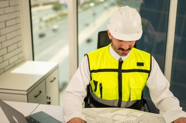 مهن ووظائف شبابية، تدقيق ومراجعة الخطط الهندسية، دراسة أساسيات المشروع، مفهوم الهندسة والإنشاءات، مهندس عربي خليجي سعودي يرتدي سترة وخوذة الحماية يجلس على المكتب يعمل على المخطط الهندسي، إكمال رسم مخطوطات البناء، استخدام الأجهزة التقنية الحديثة