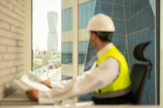 Reconstruction with the hands of the nation's sons, the concept of engineering and construction, a side image of a Saudi Gulf Arab engineer wearing a vest and a safety helmet sitting at a desk contemplating the urban development of buildings, reviewing and auditing engineering plans, studying the fundamentals of the project, completing the drawing of construction blueprints.