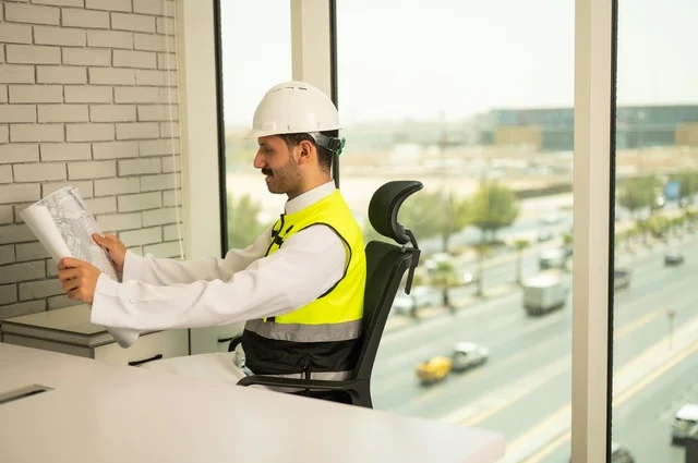 متابعة مخطط الرسوم الهندسية، الإعمار بسواعد أبناء الوطن،  مفهوم الهندسة والإنشاءات، صورة جانبية  لمهندس عربي خليجي سعودي يرتدي سترة وخوذة الحماية يجلس على المكتب يحمل المخططات الهندسية، دراسة أساسيات المشروع، إكمال رسم مخطوطات البناء