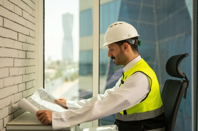 المخططات الهندسية المعمارية، الإعمار بسواعد أبناء الوطن،  مفهوم الهندسة والإنشاءات، صورة جانبية  لمهندس عربي خليجي سعودي يرتدي سترة وخوذة الحماية يجلس على المكتب يحمل المخططات الهندسية، دراسة أساسيات المشروع، إكمال رسم مخطوطات البناء