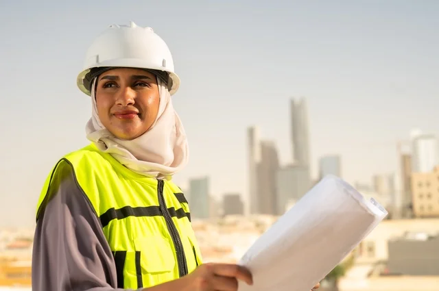 ايماءات السرور والفخر، صورة مقربة لمهندسة معمارية عربية سعودية خليجية تحمل بيدها مخطط البناء، مهندسة انشاءات محجبة ترتدي بدلة السلامة في العمل ، خوذة العمل، لباس رسمي للعمل، مهن ووظائف نسائية هندسية, ايماءات وجه تدل على السرور، مفهوم الهندسة و الإنشاءات