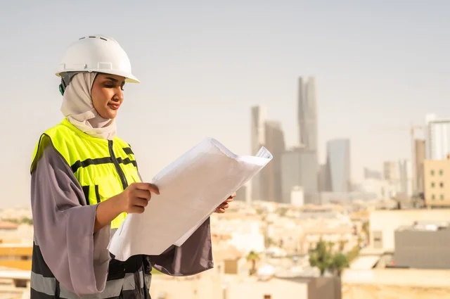 Construction project, side view of a Saudi Arabian Gulf female architect holding a building plan, a hijab-wearing construction engineer dressed in a work safety suit, a work helmet, formal work attire, engineering professions and jobs for women, background of towers and skyscrapers.