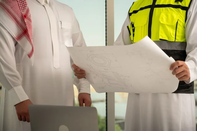 Monitoring the implementation of previously established engineering plans, companies specialized in construction workshops and contracting, planning and finalizing architectural designs, an Arab Gulf businessman from Saudi Arabia wearing a ghutrah and an engineer wearing a helmet and safety vest are discussing the construction plan and accurately determining the measurements.