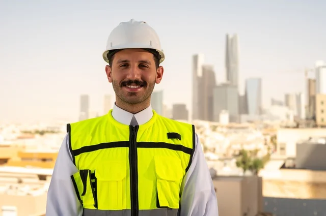 الاهتمام بالتطور العمراني بسواعد المهندسين السعوديين, مهندس عربي خليجي سعودي يرتدي سترة العمل وخوذة الحماية البيضاء ينجز المهام اليومية في المكتب، مفهوم الهندسة المعمارية، مشاريع إعمارية سعودية وطنية، خلفية أبراج الرياض