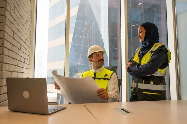 مهنة ووظيفة مكتبية سعودية، مهندسان معماريان سعوديان خليجيان يحملان مخطط لمشروع البناء للتخطيط وتنفيذ العمل في داخل المكتب, إرتداء سترة الحماية الخاصة بالعمل, تدقيق العمل،  كتابة وتدوين البيانات والنتائج، ادارة وانجاز المهام باستخدام جهاز تقني حديث ومتطور