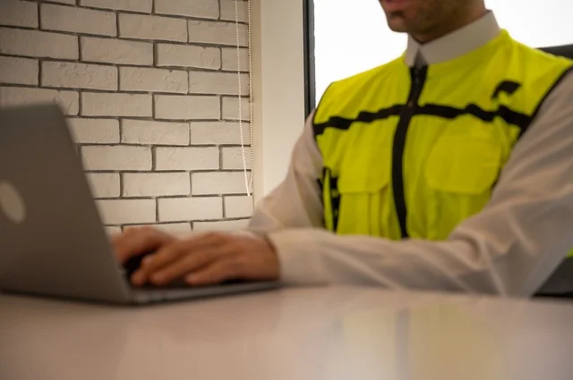 مهارة الكتابة السريعة على لوحة المفاتيح، دمج العمل مع التقنية و التكنولوجيا، الاطلاع على تصاميم هندسية جديدة على جهاز الحاسوب المحمول، مهندس معماري عربي سعودي خليجي يرتدي اللباس الخاص بالعمل، الاشراف على تطبيق المشاريع و الخطط الهندسيه المعمارية في البناء