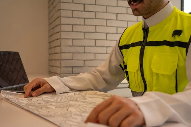 تدقيق ومراجعة الخطط الهندسية، إكمال رسم مخطوطات البناء، مهندس، عربي خليجي سعودي يرتدي سترة وخوذة الحماية يجلس على المكتب يتأمل المخطط الهندسي ويدون الملاحظات،الإعمار بسواعد أبناء الوطن، مفهوم الهندسة والإنشاءات، دراسة أساسيات المشروع