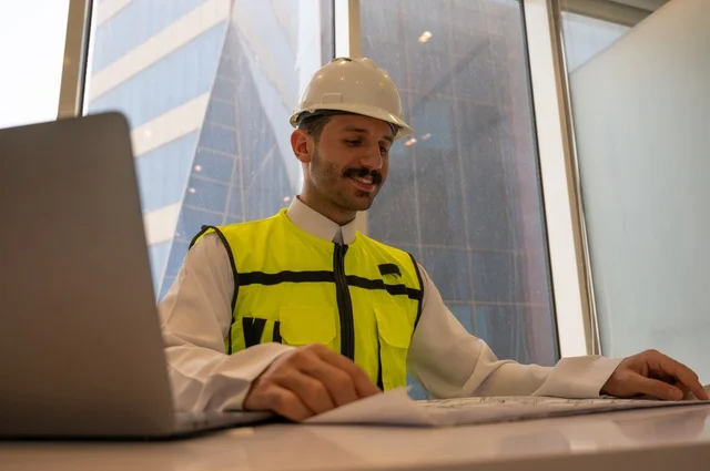 الإعمار بسواعد أبناء الوطن،  مفهوم الهندسة والإنشاءات، مهندس عربي خليجي سعودي يرتدي سترة وخوذة الحماية يجلس على المكتب يتأمل المخطط الهندسي ويدون الملاحظات، تدقيق ومراجعة الخطط الهندسية، دراسة أساسيات المشروع، إكمال رسم مخطوطات البناء