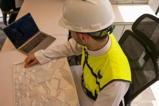 صورة علوية مقربة لمهندس عربي خليجي سعودي يرتدي سترة وخوذة الحماية يجلس على المكتب يتأمل المخطط الهندسي ويدون الملاحظات،الإعمار بسواعد أبناء الوطن،  مفهوم الهندسة والإنشاءات، تدقيق ومراجعة الخطط الهندسية، دراسة أساسيات المشروع، إكمال رسم مخطوطات البناء