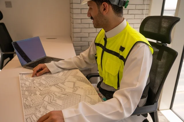 إكمال رسم مخطوطات البناء، مهندس عربي خليجي سعودي يرتدي سترة وخوذة الحماية يجلس على المكتب يتأمل المخطط الهندسي ويدون الملاحظات،الإعمار بسواعد أبناء الوطن،  مفهوم الهندسة والإنشاءات، تدقيق ومراجعة الخطط الهندسية، دراسة أساسيات المشروع