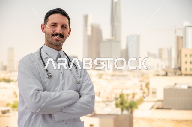 العمل في القطاعات الصحية، قياس معدل ضربات القلب من خلال سماعة الطبيب، تسجيل الكشوفات والحالات، تسجيل التقارير والحالات الصحيه, طبيب عربي خليجي سعودي مبتسم يرتدي المعطف الأبيض يقف في الهواء الطلق، خلفية أبراج وناطحات سحاب في الرياض