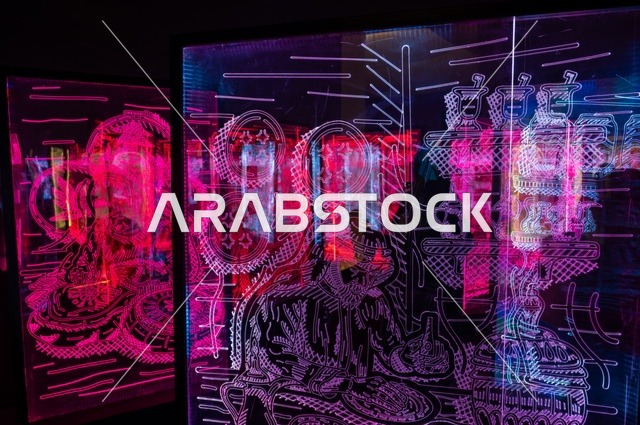 تصميم فني رقمي يحتوي على أنماط معقدة وألوان زاهية، رسم توضيحي يتميز بخطوط متقاطعة وأشكال هندسية وأنماط زخرفية معقدة، الألوان الزاهية تعطي انطباعا بأنه مضاء أو يمثل تأثيرات ضوئية