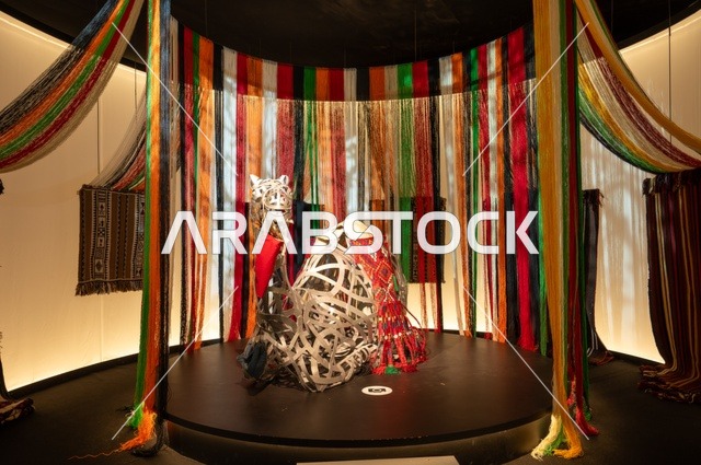 هيئة التراث هيئة عربية سعودية أنشئت عام ٢٠٢٠ كجزء من وزارة الثقافة، هدفها حماية التراث الثقافي للمملكة العربية السعودية والحفاظ عليه وتنميته، نسيج ملون أو نول ، تجهيز لعملية النسج مع وجود خيوط متعددة الألوان مرتبة ،الجمل رمز للنسيج العربي الخليجي