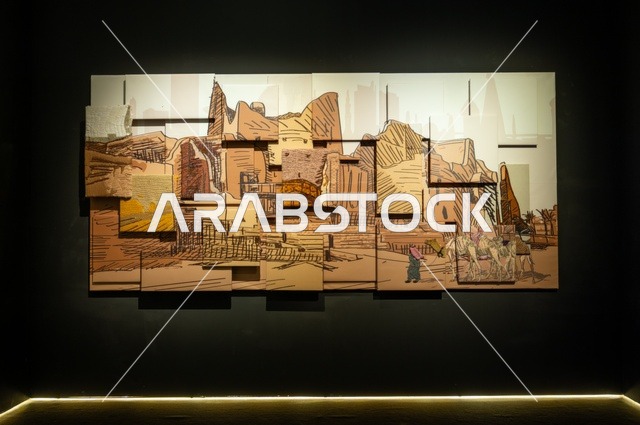 لوحة فنية تجريدية، عمل فني يجمع بين عناصر معمارية أو طبيعية مصممة بأسلوب تجريدي، أشكال هندسية وخطوط حادة، استخدام ألوان ترابية والرمادي، يبدوا العمل الفني وكأنه مقسم إلى أجزاء أو طبقات يدل على عمق وتفصيل للتكوين