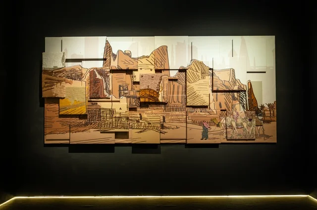 An abstract painting, an artwork that combines architectural or natural elements designed in an abstract style, geometric shapes and sharp lines, using earthy colors and gray, the artwork appears to be divided into parts or layers indicating depth and detail in the composition.