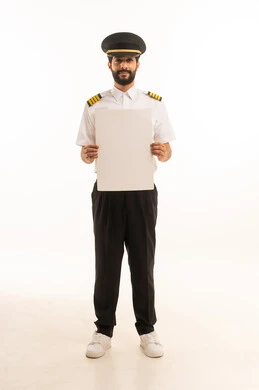 Illustrations and educational tools, the concept of tourism and travel, the reception and welcome crew, working in the aviation field, tourist flights, Saudi Airlines, a portrait of a smiling Saudi Arabian Gulf Arab pilot in uniform holding a white mock-up, full-length body, white background