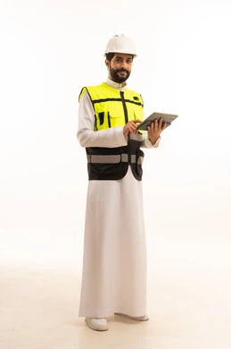The concept of architecture, interest in urban development by Saudi engineers, use of modern and advanced technical equipment, Saudi national construction projects, portrait of a Saudi Arabian Gulf engineer wearing a work jacket and a protective helmet, holding a tablet, full body length, white background