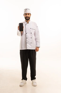 Blank black screen, online cooking recipes, portrait of a Saudi Arabian Gulf Arab chef wearing a cooking uniform holding a mobile phone with a happy expression, full body, white background