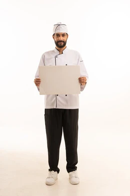 Large white mockup, professional Saudi cooking profession, standing straight and happy expression, portrait of a Saudi Arabian Gulf chef wearing cooking uniform holding a blank white board, full body, white background