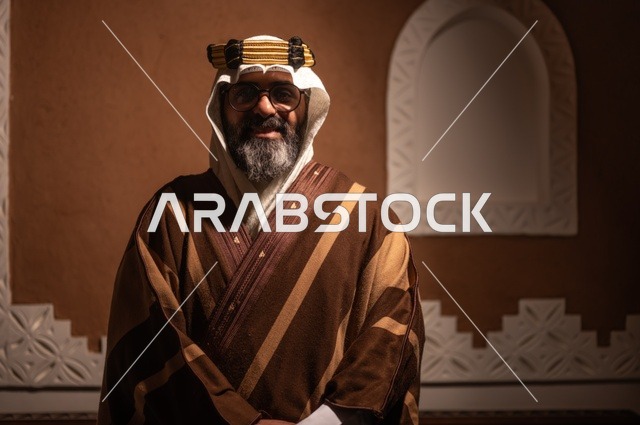 ايماءات الوقار والسرور ، رجل عربي سعودي مسن ينظر إلى الكاميرا يرتدي الزي العربي التقليدي يقف داخل غرفة تراثية بديكورات جدران مزخرفة، يرتدي عباءة واسعة وعقالًا على رأسه، ويبدو بلحية بيضاء، الحكمة والتجربة الطويلة في الحياة، الأصالة والحنين للأيام القديمة