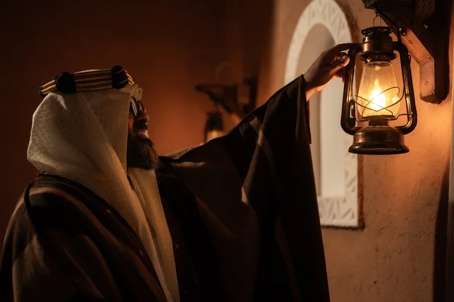 الأصالة والحنين للأيام القديمة، صورة جانبية لرجل عربي سعودي مسن يرتدي الزي العربي التقليدي يقف داخل غرفة تراثية بديكورات جدران مزخرفة ينظر إلى فانوس الإضاءة يرتدي عباءة واسعة وعقالًا على رأسه، ويبدو بلحية بيضاء، الحكمة والتجربة الطويلة في الحياة.