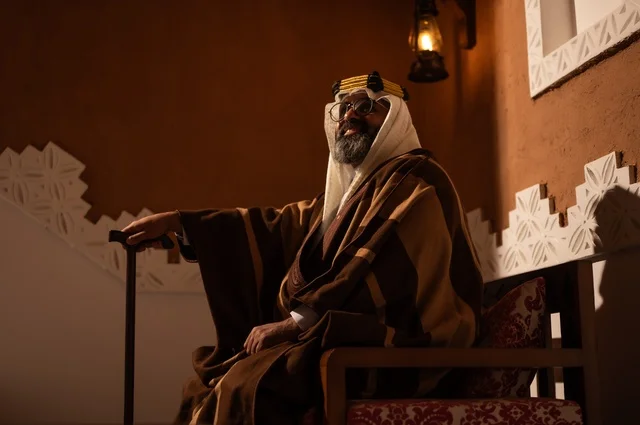 A side image of an elderly Saudi Arabian man wearing traditional Arab attire sitting on a wooden chair inside a heritage room with decorated walls. He is wearing a wide cloak and a headband on his head, appears with a white beard, and holds a cane for support, embodying wisdom and long life experience.