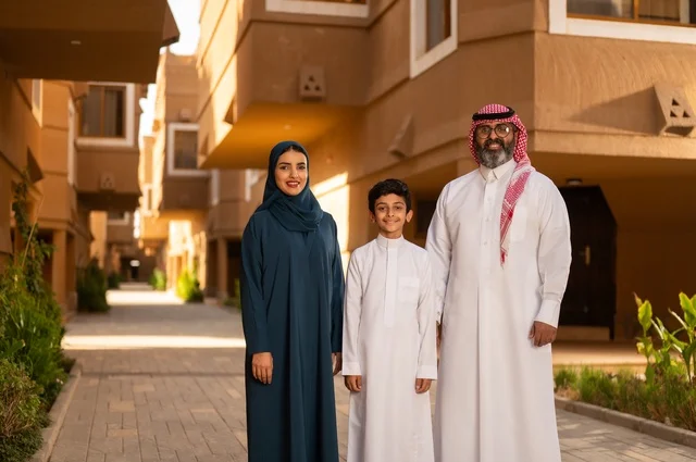 جو العائلة الخليجية والترابط الأسري، عائلة عربية خليجية سعودية مكونة من أب وأم وطفل يقفون في مدخل منزل حديث، يرتدي الأب الثوب الأبيض مع الغترة والعقال، بينما يرتدي الطفل ثوبًا أبيض تقليديًا، وتظهر الأم بعباءة سوداء وحجاب