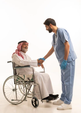 The concept of healthcare and caring for patients and the disabled, lifestyle of people with disabilities, gestures of pleasure and happiness, portrait of a nurse wearing a uniform and a mask taking care of a disabled Saudi Arabian Gulf man wearing a traditional thobe and shemagh sitting in a wheelchair, full body image, white background